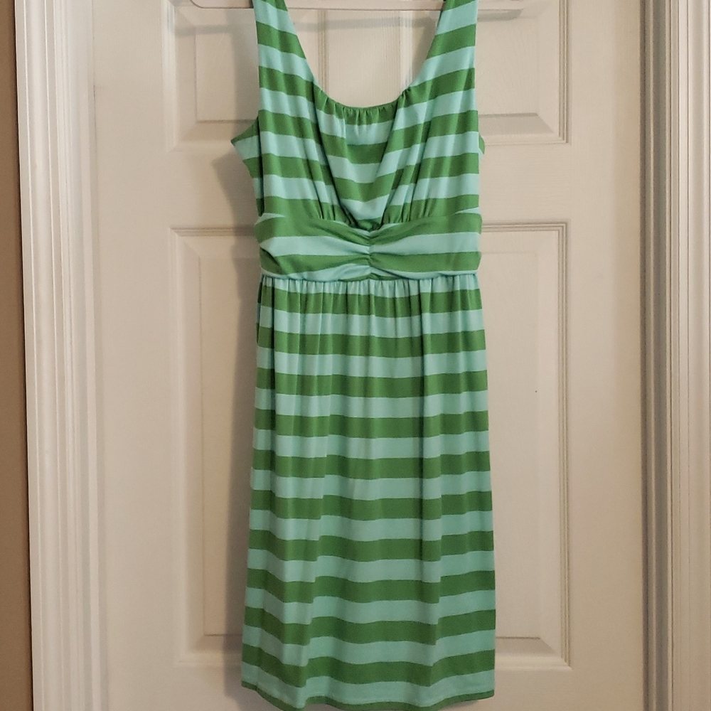 Cotton mini sundress. Blue green stripes.